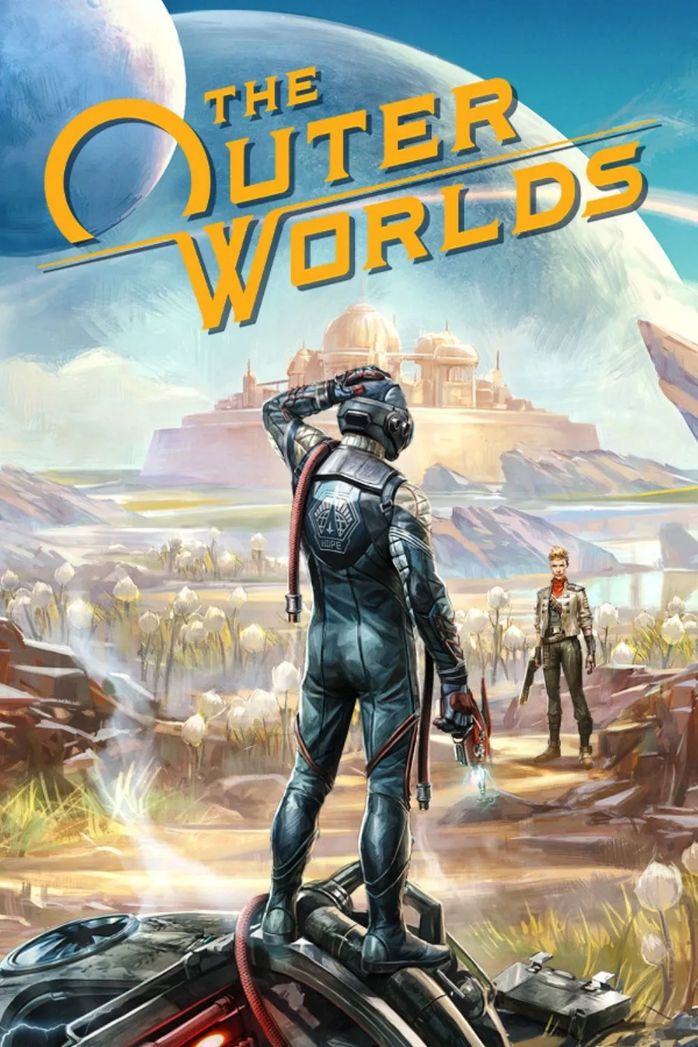 Ảnh bìa game The Outer Worlds, giới thiệu nhân vật chính và các đồng đội lập dị trong bối cảnh vũ trụ viễn tưởng mang phong cách retro-futuristic và pha trộn yếu tố cao bồi không gian.