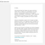Ảnh chụp màn hình email từ Epic Games Store thông báo gỡ bỏ game Dark and Darker và thu hồi quyền truy cập của người chơi vào ngày 1 tháng 11, nêu rõ lý do liên quan đến phán quyết tòa án tại Hàn Quốc giữa Nexon và IRONMACE.