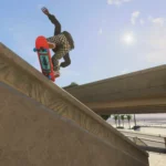 Ảnh chụp màn hình game Skate 4, hiển thị một người chơi đang thực hiện động tác trượt ván điệu nghệ trên đường phố San Vansterdam, minh họa đồ họa của phiên bản làm lại.