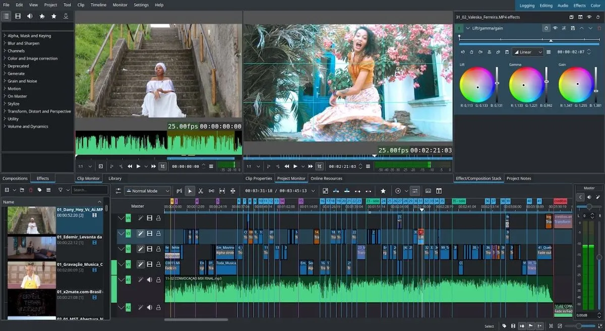 Ảnh chụp màn hình trình biên tập video Kdenlive, minh họa khả năng chỉnh sửa chuyên nghiệp.