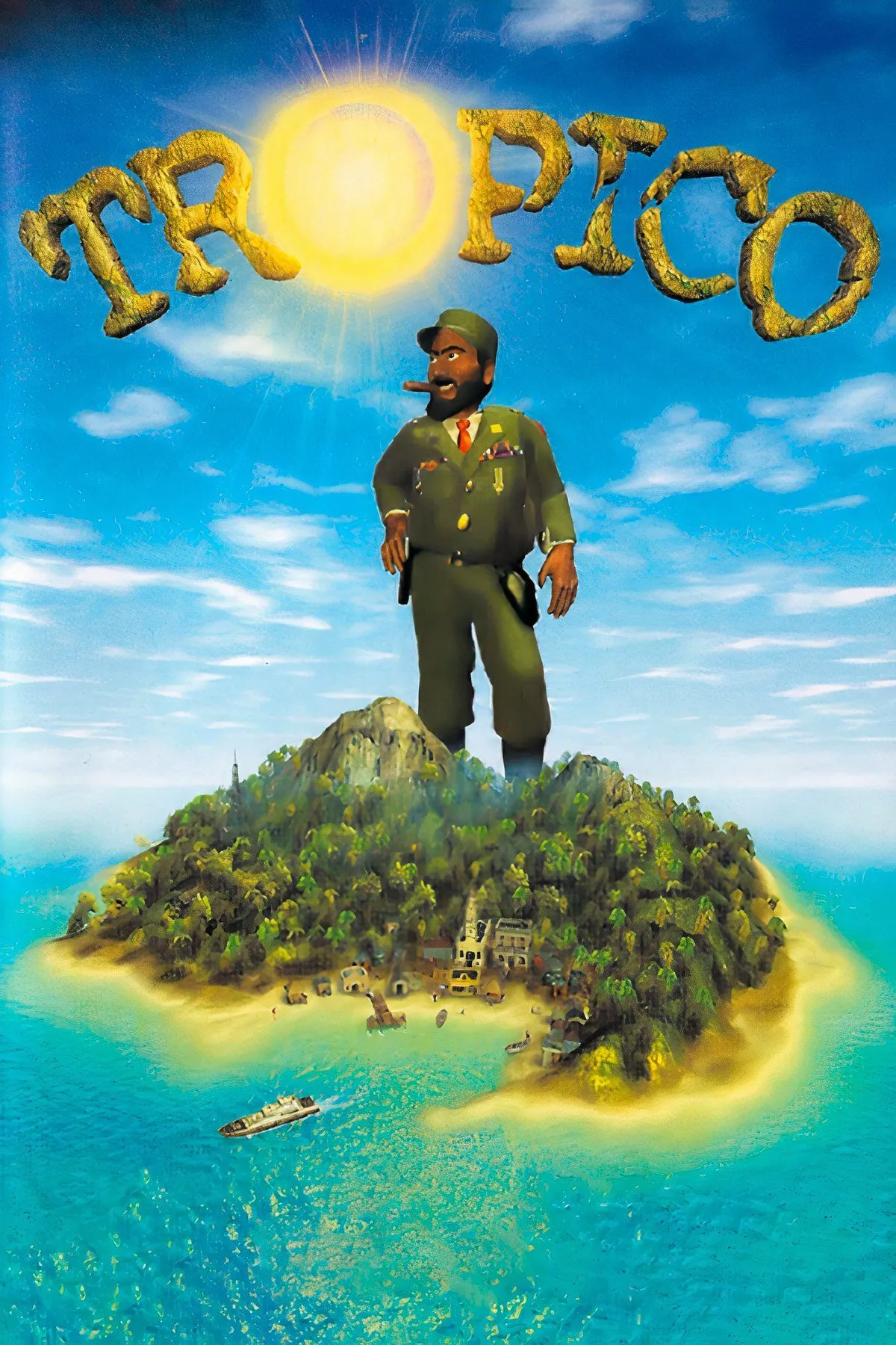 Ảnh collage của game Tropico, với El Presidente và khung cảnh hòn đảo nhiệt đới, tượng trưng cho game mô phỏng xây dựng thành phố.