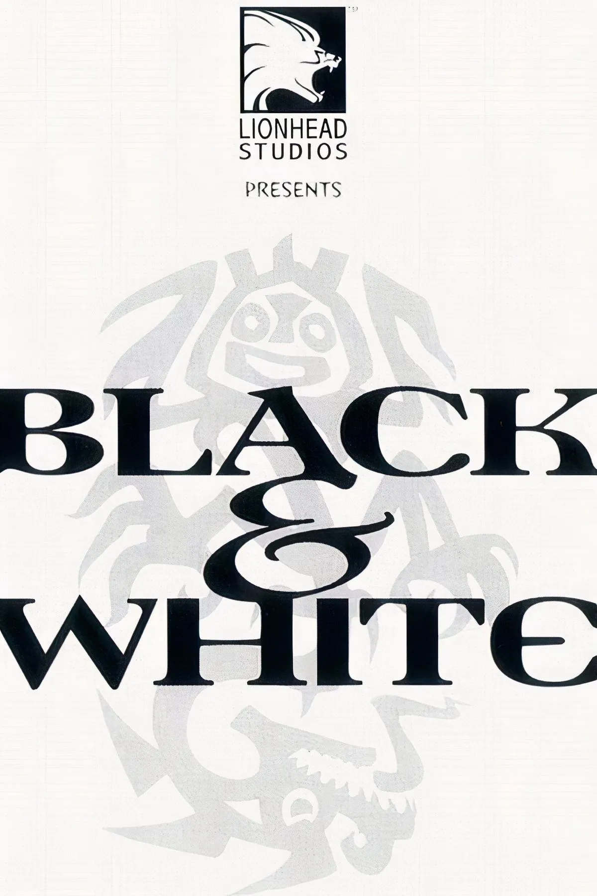 Ảnh collage game Black &amp; White, với sinh vật khổng lồ và bàn tay thần linh, tượng trưng cho lối chơi điều khiển vị thần.