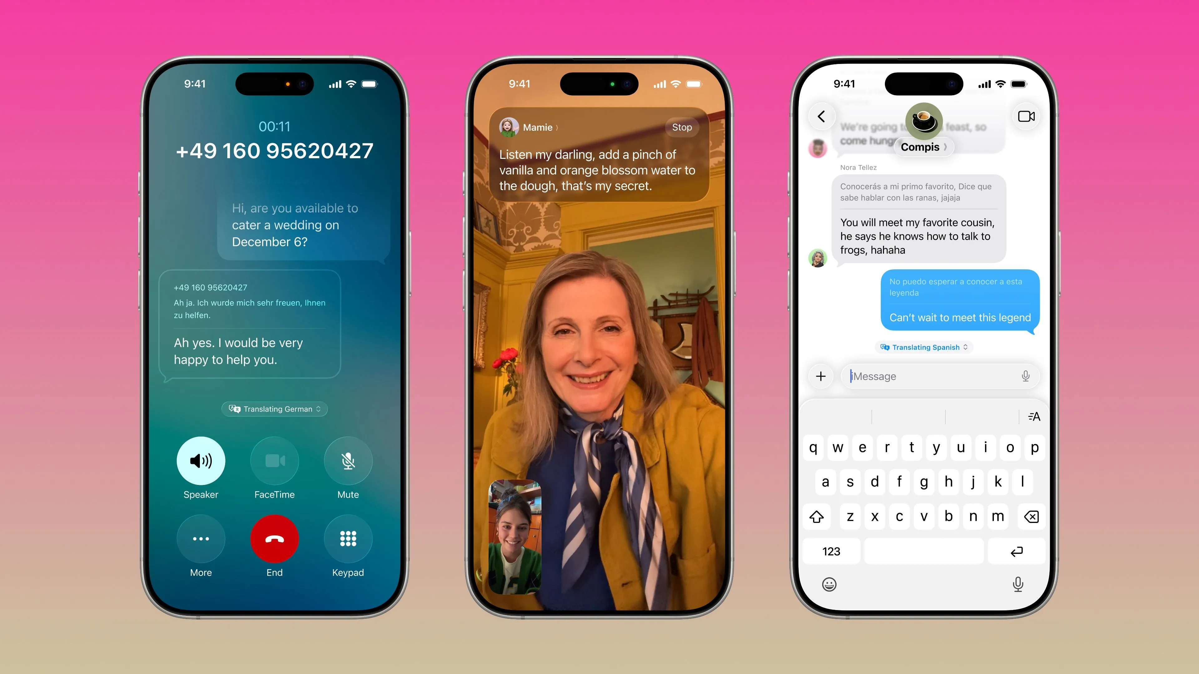 Ba chiếc iPhone minh họa tính năng dịch trực tiếp trong ứng dụng Điện thoại, FaceTime và Tin nhắn, hỗ trợ giao tiếp đa ngôn ngữ.