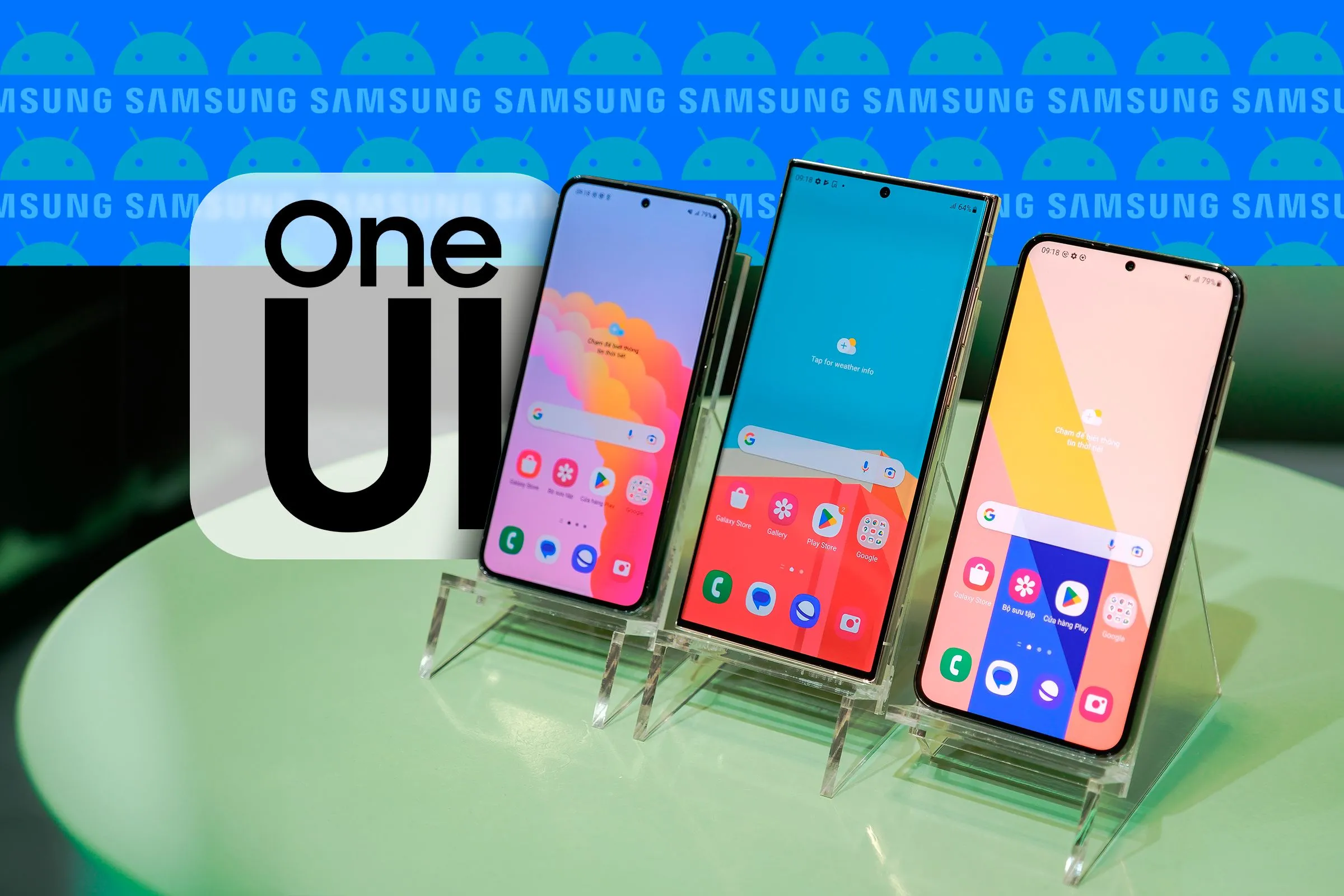Ba điện thoại Samsung Galaxy hiển thị giao diện One UI, biểu tượng One UI và Android ở hậu cảnh, đại diện cho danh sách thiết bị nhận bản cập nhật Android 16.