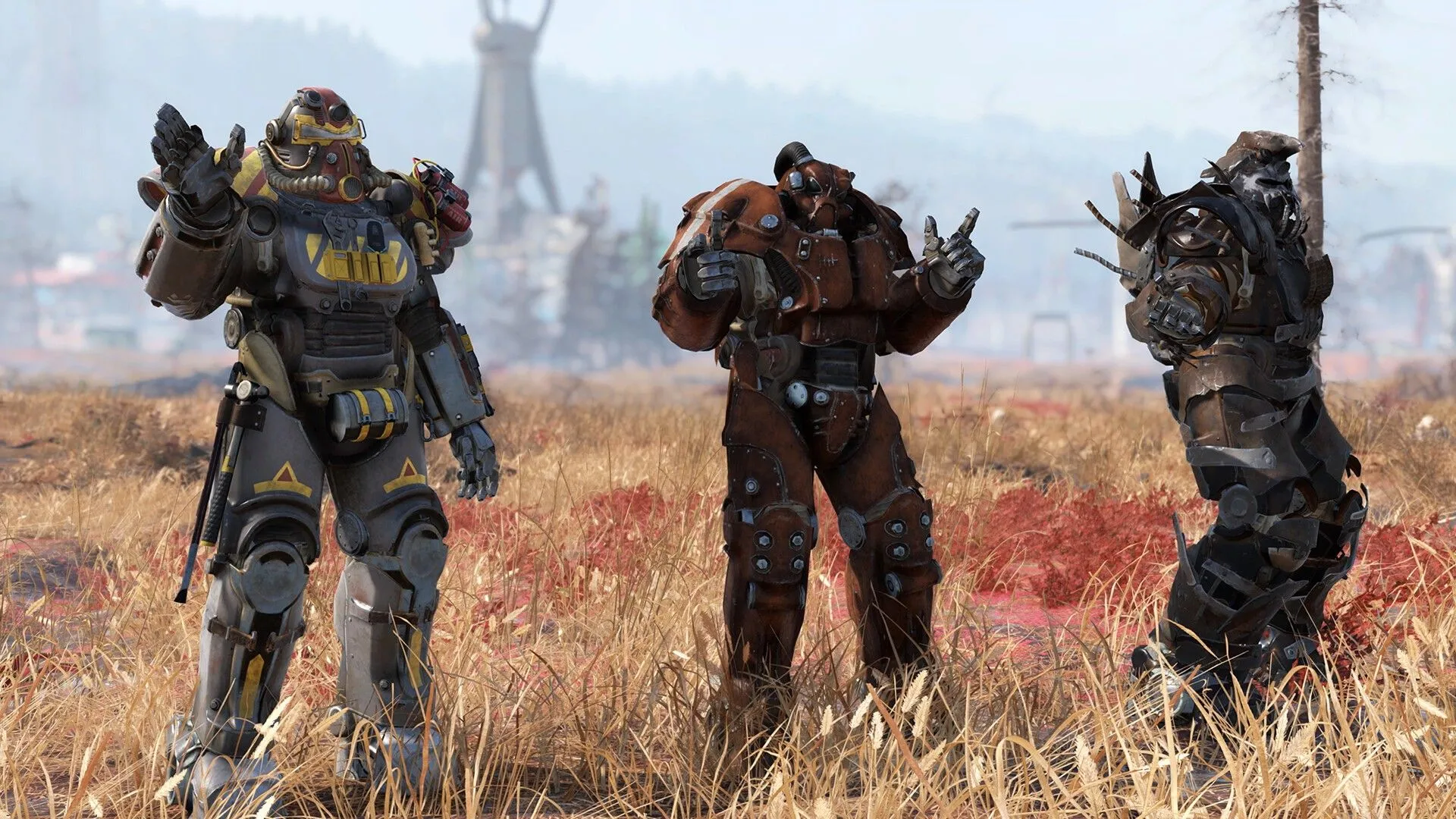 Ba người chơi trong Fallout 76 mặc bộ giáp năng lượng đầy đủ, sẵn sàng khám phá thế giới hậu tận thế, biểu tượng cho sự sống sót và những thế lực trong cốt truyện game.