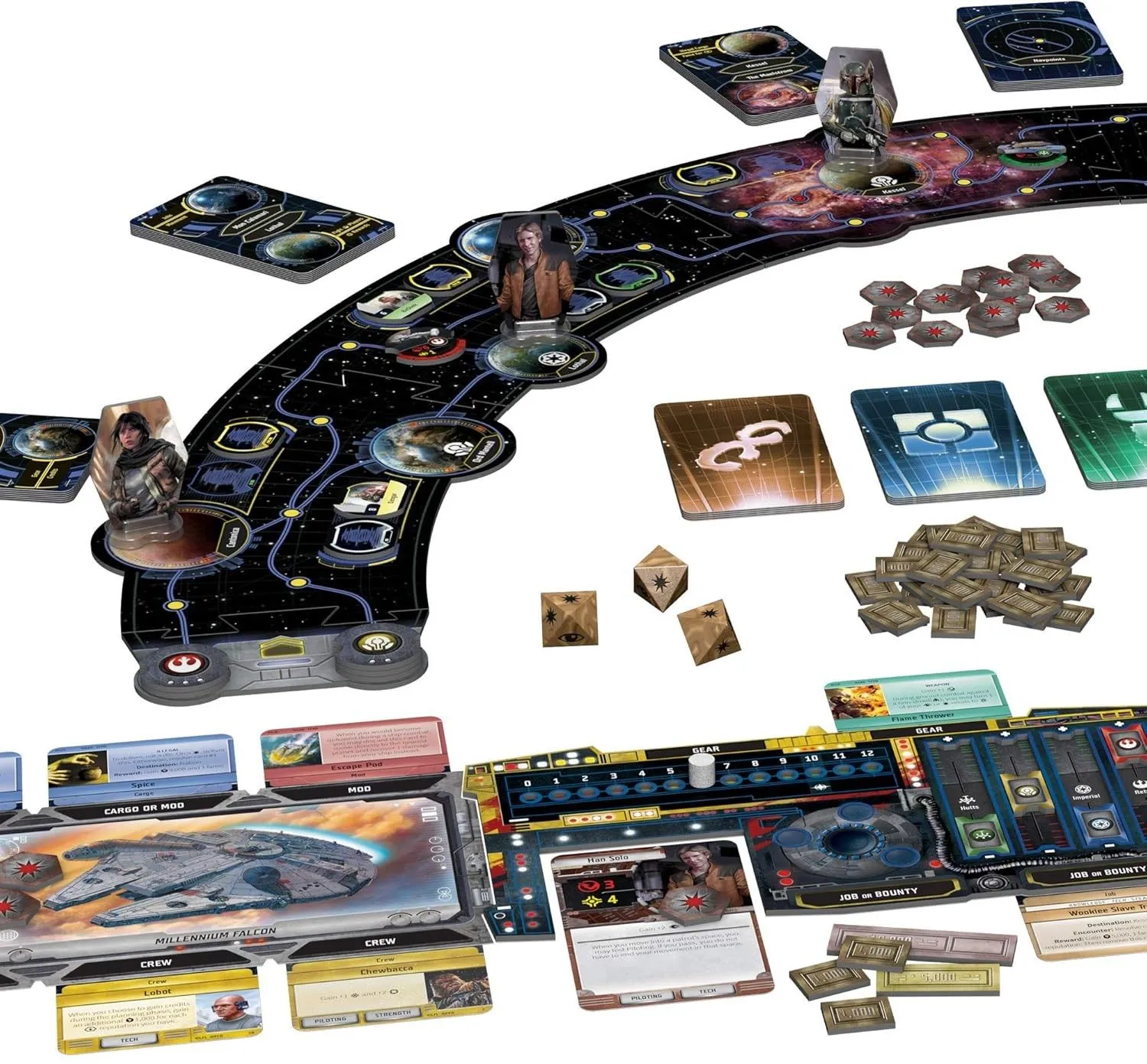 Bàn chơi rộng lớn của Star Wars: Outer Rim, hiển thị bản đồ các hệ hành tinh ở Vành Đai Ngoài, các phi thuyền và nhân vật đang di chuyển, cùng các lá bài nhiệm vụ và thị trường, mời gọi người chơi khám phá thế giới ngầm đầy mạo hiểm của Star Wars.