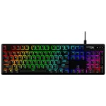 Bàn phím cơ gaming HyperX Alloy Origins màu đen với đèn nền RGB rực rỡ, được đặt trên nền trắng, làm nổi bật thiết kế chắc chắn và công nghệ hiện đại dành cho game thủ.