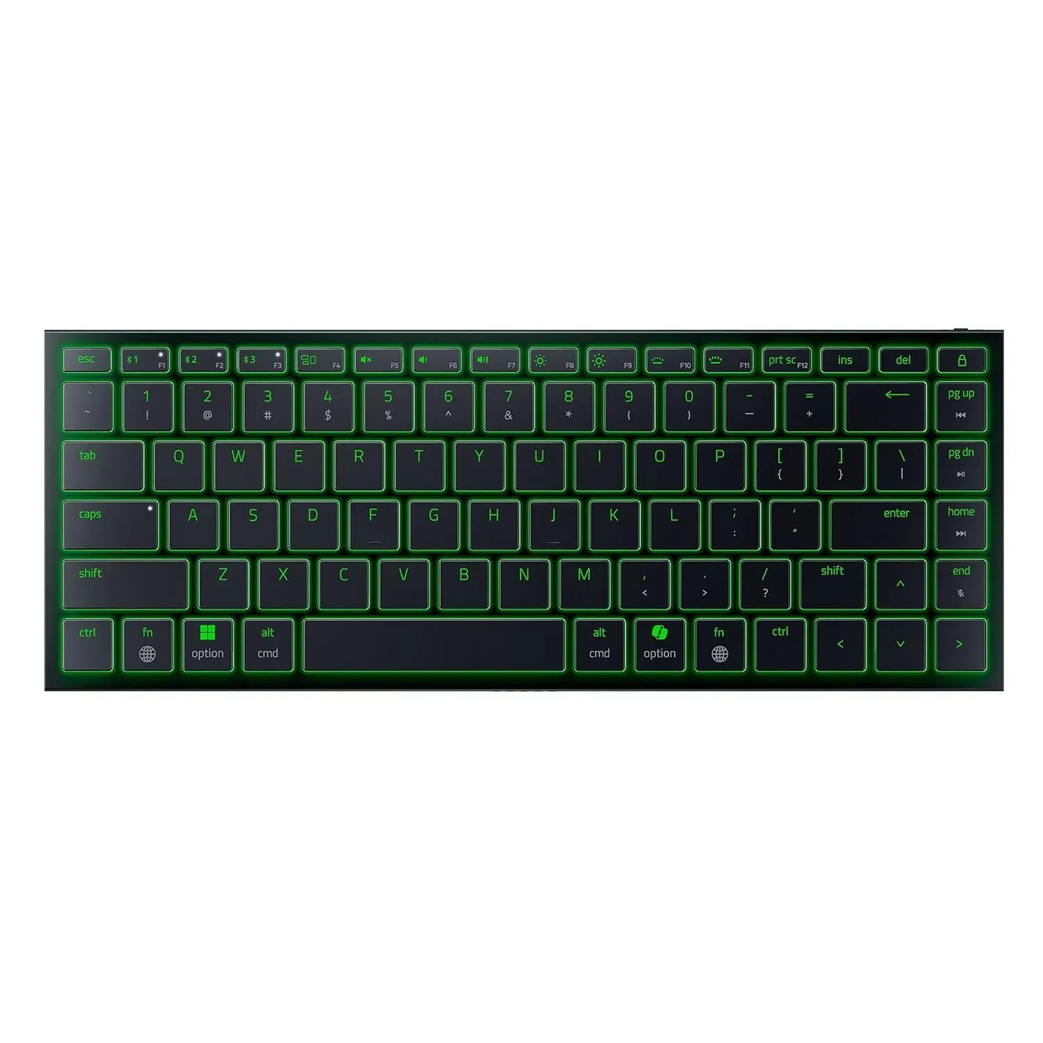 Bàn phím không dây Razer Joro màu đen với đèn nền RGB, hiển thị kích thước nhỏ gọn và thiết kế hiện đại.
