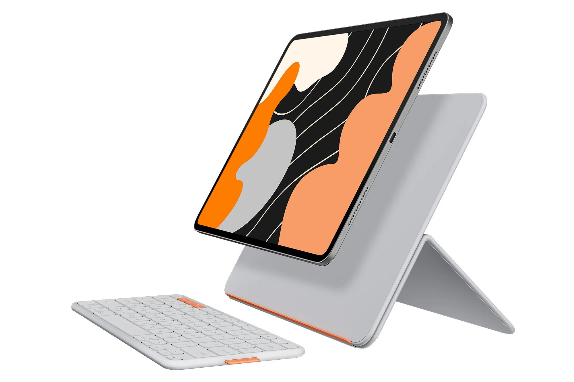 Bàn phím Logitech Flip Folio màu xám nhạt và ốp lưng kiêm chân đế đa năng đang được sử dụng với iPad, minh họa khả năng tháo rời linh hoạt.