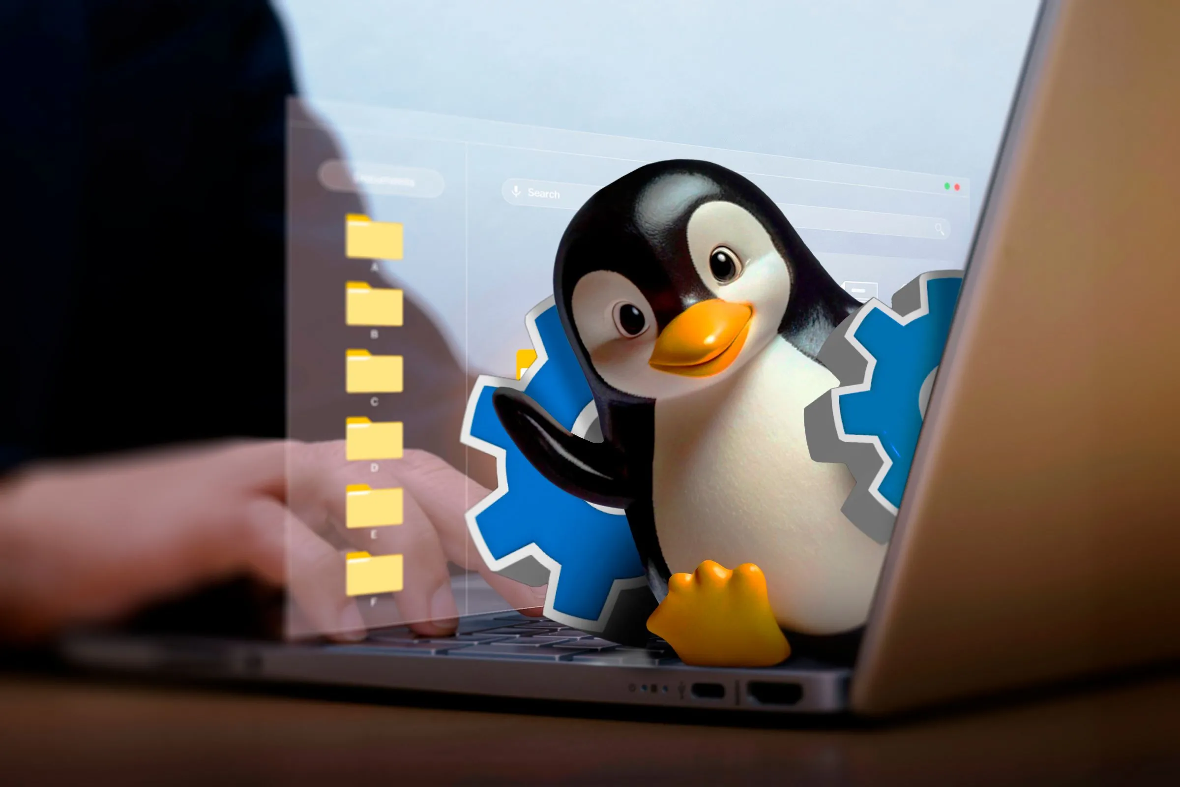 Bàn tay sử dụng laptop với mascot Linux và các biểu tượng tệp, minh họa khả năng truy cập và quản lý tệp Windows từ môi trường Linux