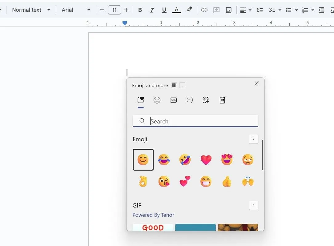 Bảng chọn biểu tượng cảm xúc (emoji picker) của Windows 11 hiển thị các emoji, GIF và ký hiệu, được mở bằng phím tắt Windows+chấm.