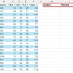 Bảng dữ liệu Excel đã định dạng chứa thông tin cầu thủ, quốc gia và điểm số, cùng với các ô bổ sung để trích xuất dữ liệu theo quốc gia.