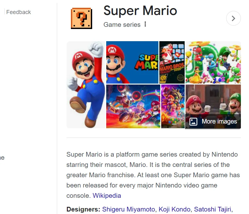 Bảng thông tin Super Mario trên Google Search với khối chấm hỏi huyền thoại, nơi người dùng có thể nhấp để nhận xu