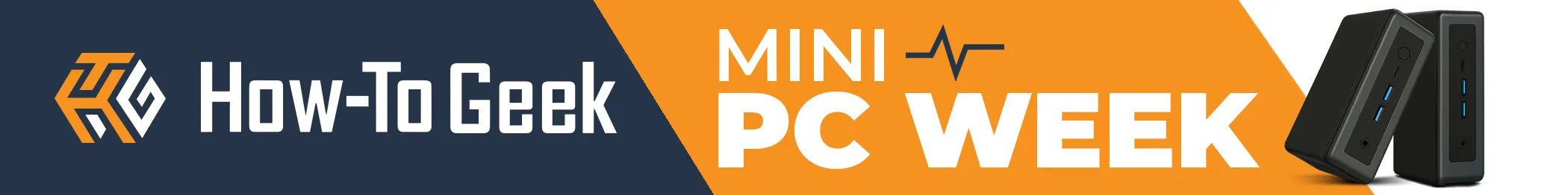 Banner giới thiệu Tuần lễ Mini PC của How-To Geek, minh họa sự tiến bộ của máy tính mini trong công việc và giải trí.