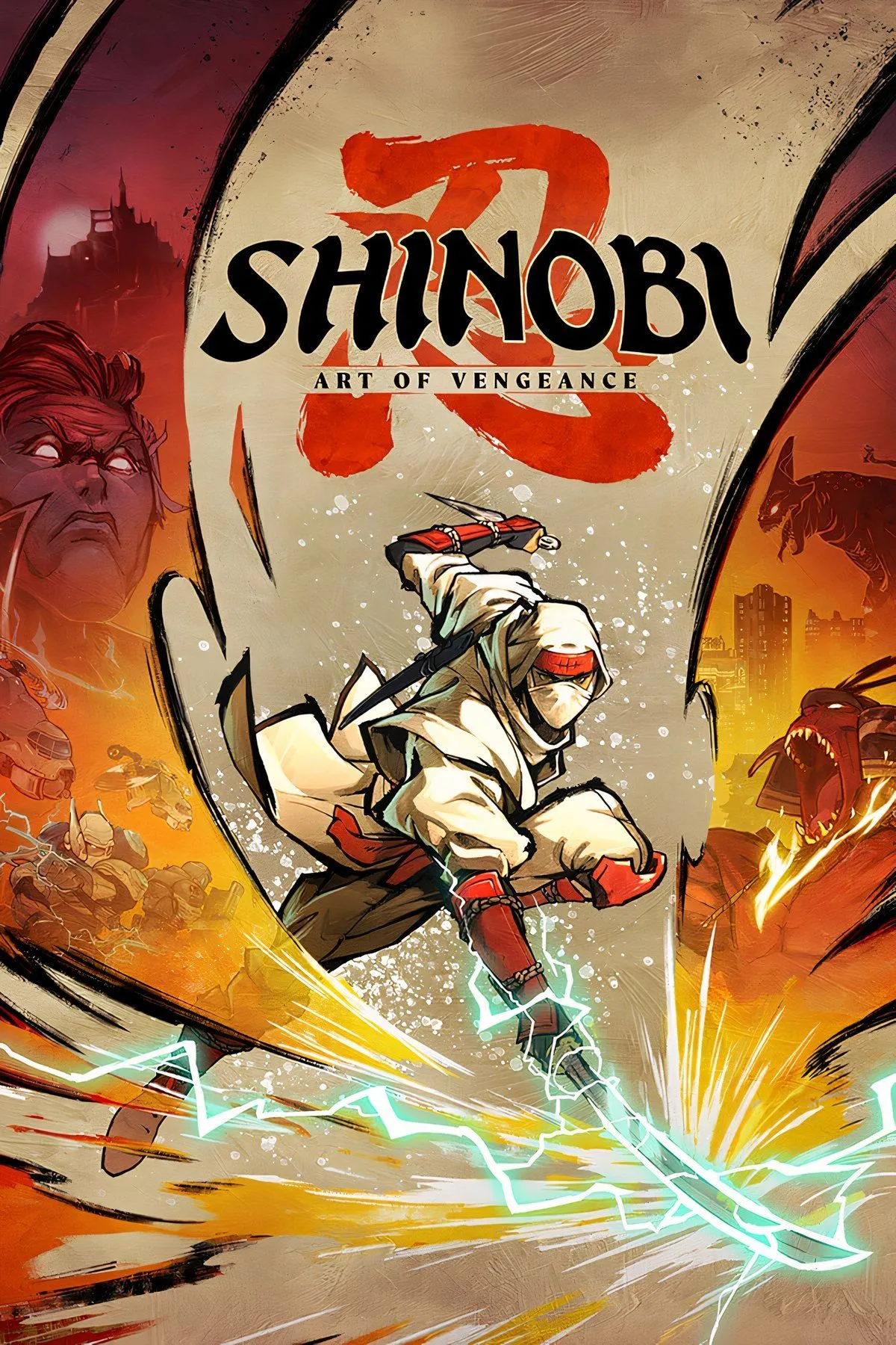 Bìa game hành động platformer Shinobi Art of Vengeance với phong cách nghệ thuật vẽ tay ấn tượng