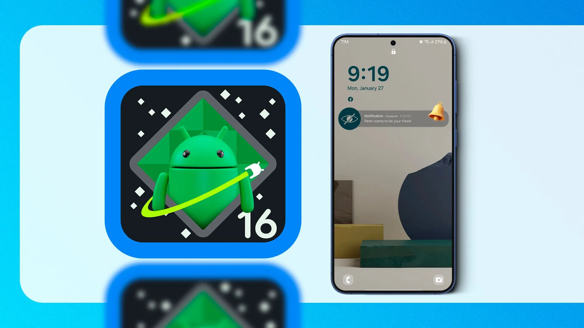 Biểu tượng Android 16 bên cạnh một chiếc điện thoại thông minh, tượng trưng cho cam kết cập nhật phần mềm lâu dài trên Galaxy S25 Ultra.