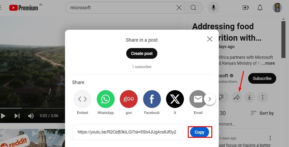 Biểu tượng chia sẻ trên giao diện video YouTube, giúp sao chép liên kết dễ dàng.