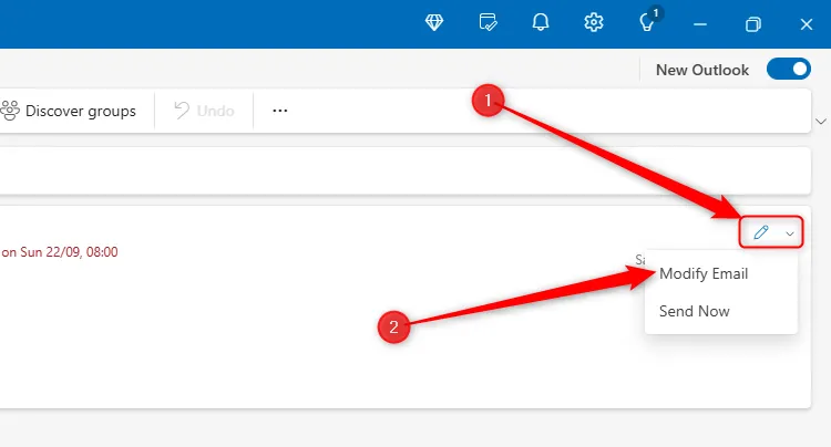 Biểu tượng chỉnh sửa (hình bút chì) trên email đã lên lịch trong bản nháp của Outlook mới, cho phép sửa đổi nội dung.