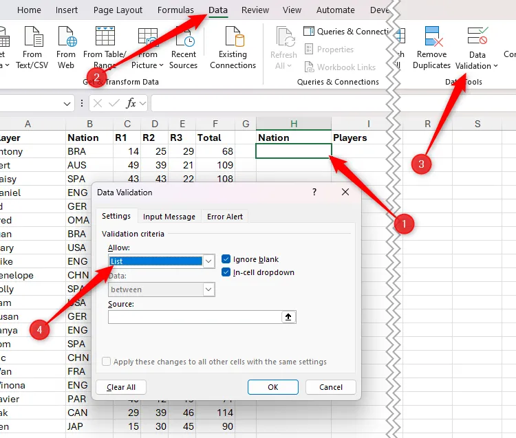 Biểu tượng Data Validation được chọn trong Microsoft Excel, và tùy chọn List được chọn trong trường Allow của hộp thoại.