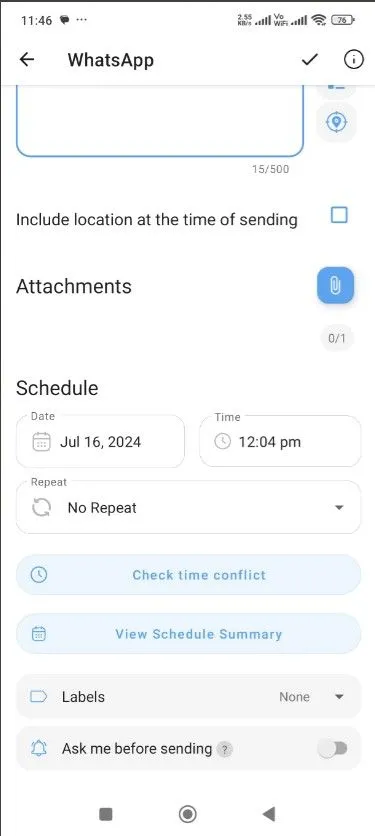 Biểu tượng dấu tích xác nhận thiết lập hẹn giờ gửi tin nhắn WhatsApp qua SKEDit.