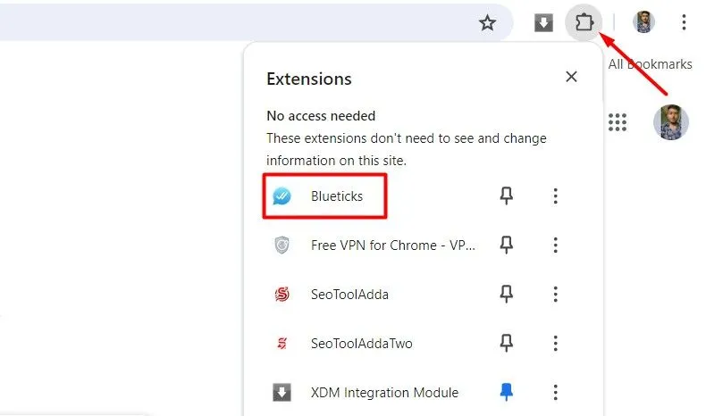 Biểu tượng Extensions trên thanh công cụ Chrome để truy cập và quản lý các tiện ích đã cài đặt.