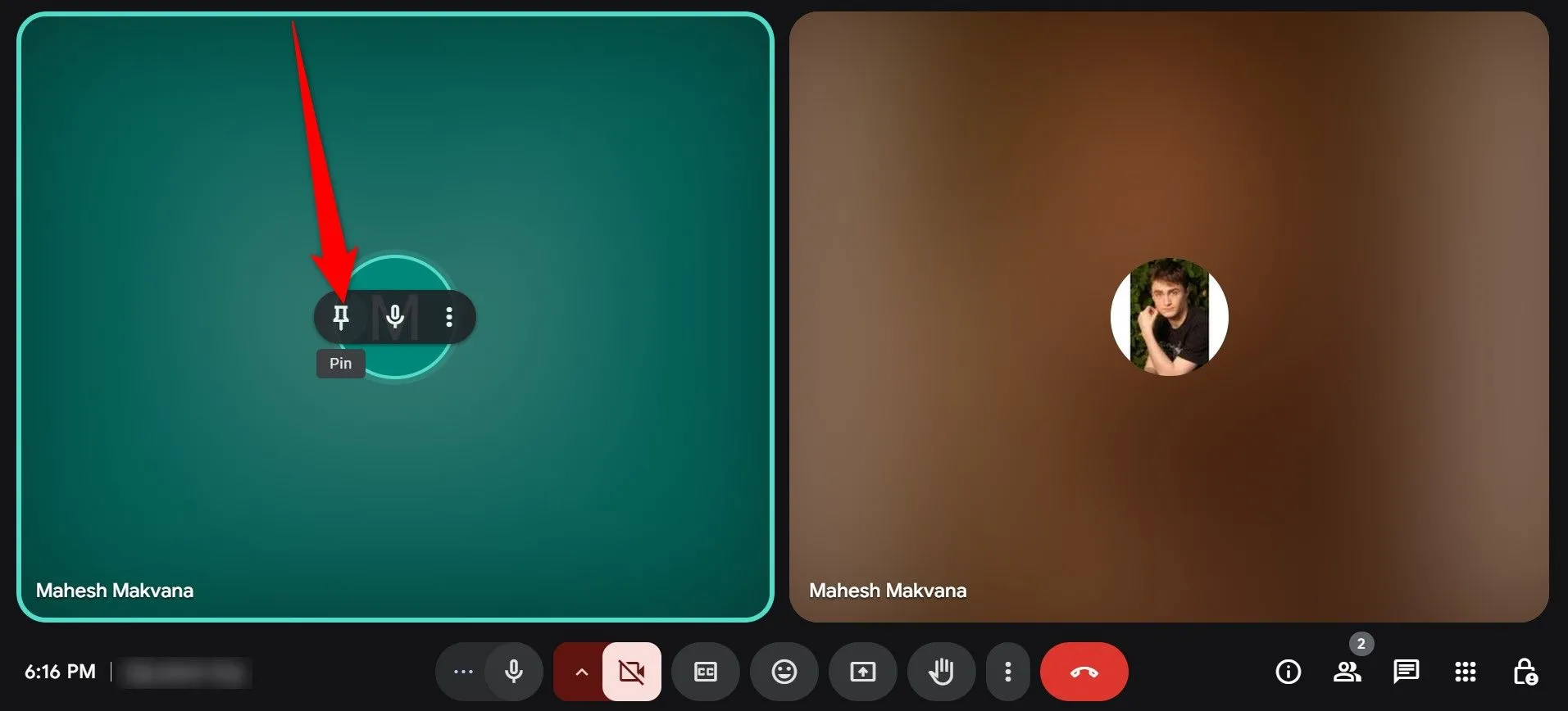 Biểu tượng ghim video trên màn hình Google Meet, cho phép người dùng tập trung vào một người tham gia cụ thể bằng cách giữ video của họ luôn hiển thị.