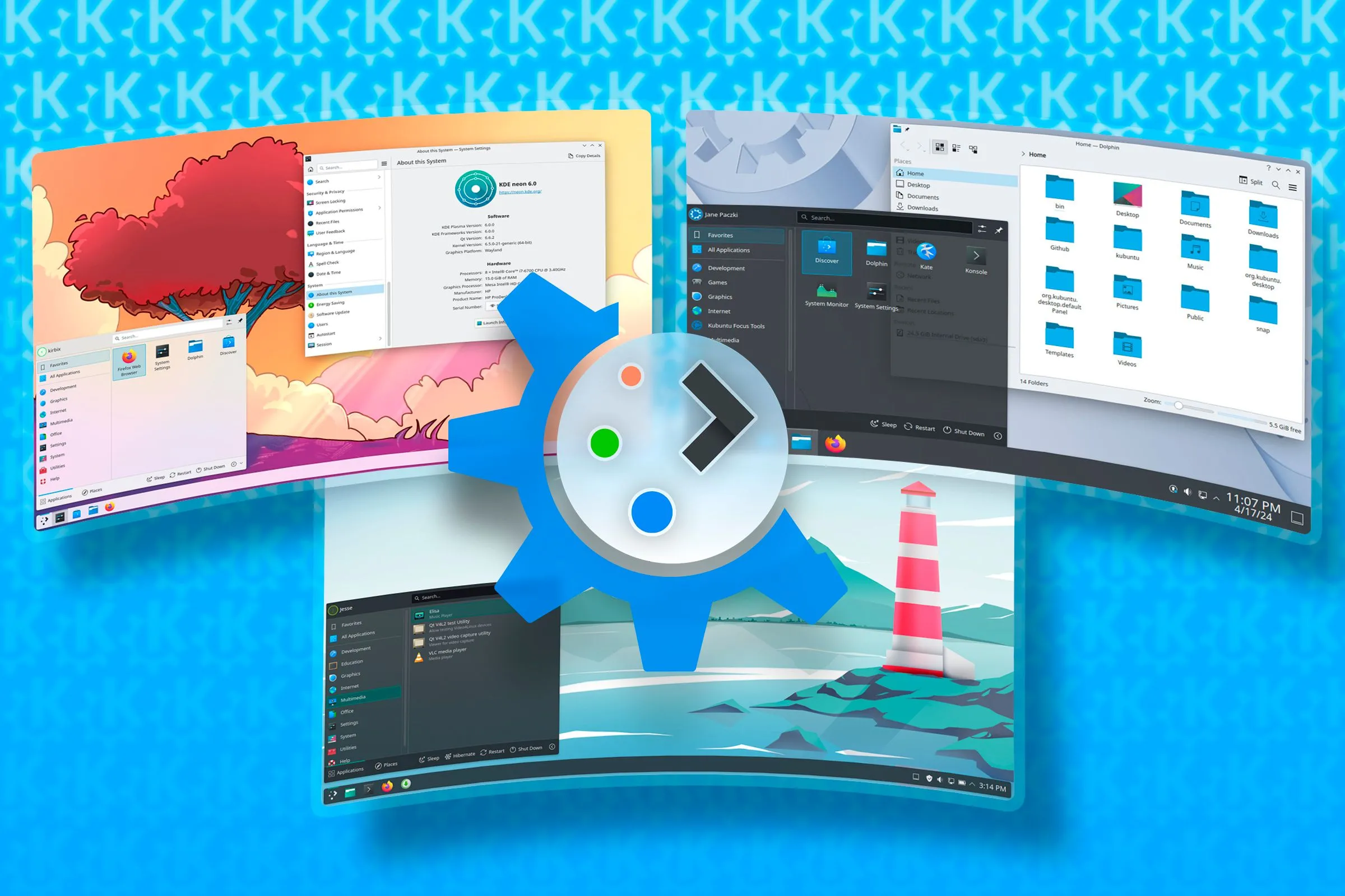 Biểu tượng KDE Plasma nổi bật với nền là các giao diện Linux, minh họa cho bản cập nhật KDE Plasma 6.4 với nhiều tính năng mới và cải tiến.