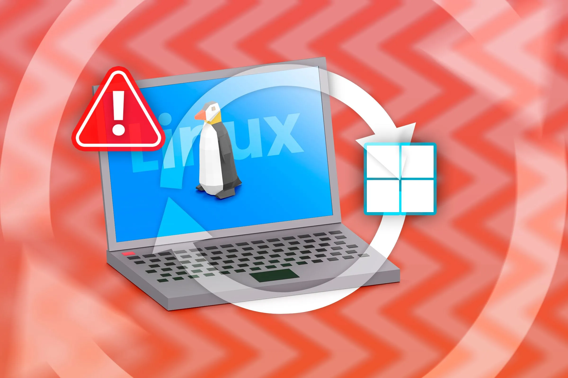 Biểu tượng laptop với logo Linux và Windows cùng dấu hiệu cảnh báo, thể hiện xung đột khởi động do tính năng Fast Startup của Windows
