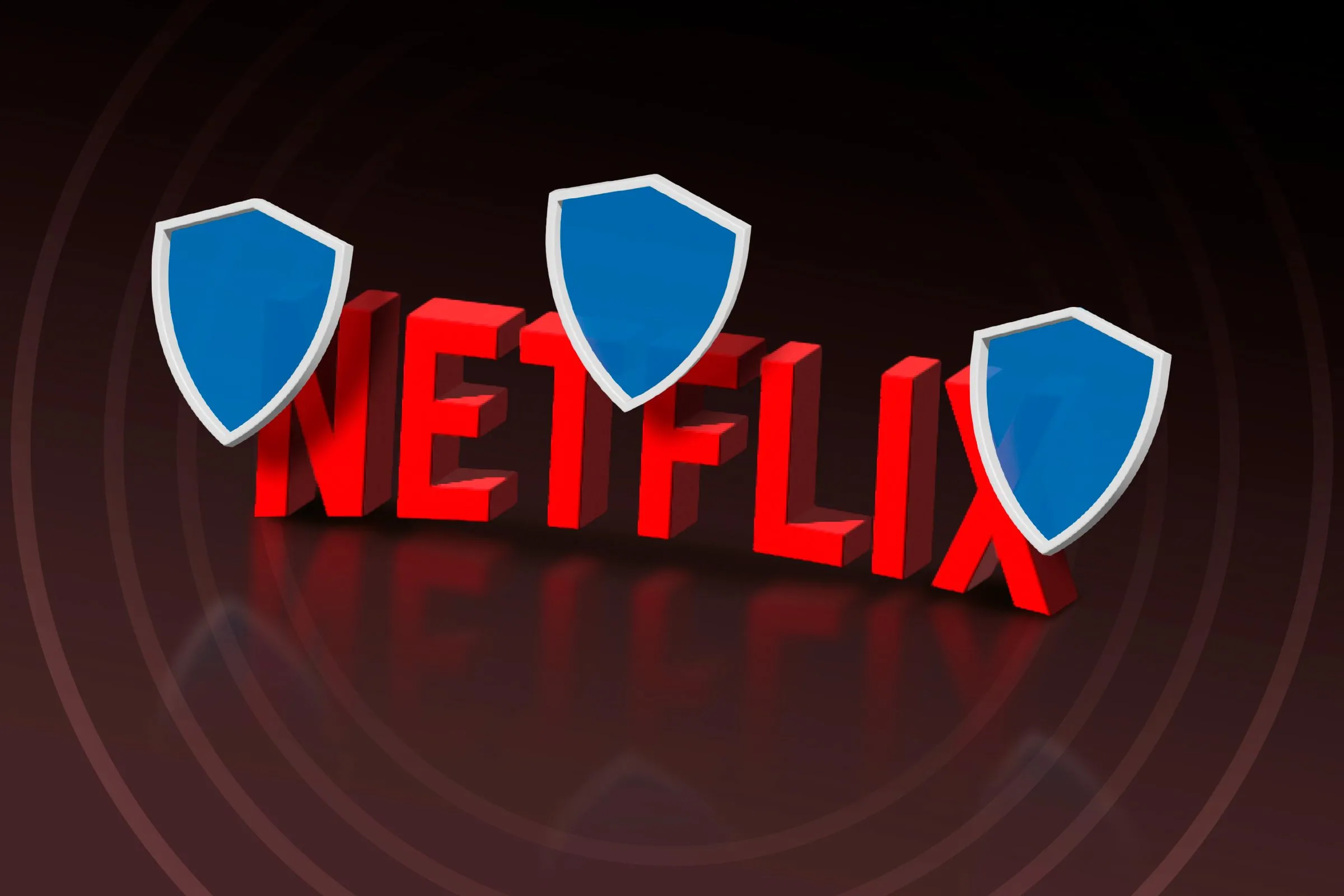 Biểu tượng Netflix 3D được bảo vệ bởi lá chắn VPN, minh họa khả năng bỏ chặn nội dung và bảo vệ quyền riêng tư khi xem phim trực tuyến.