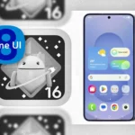 Biểu tượng One UI 8 và Android 16 cạnh điện thoại Samsung Galaxy, minh họa cho bản cập nhật hệ điều hành mới.