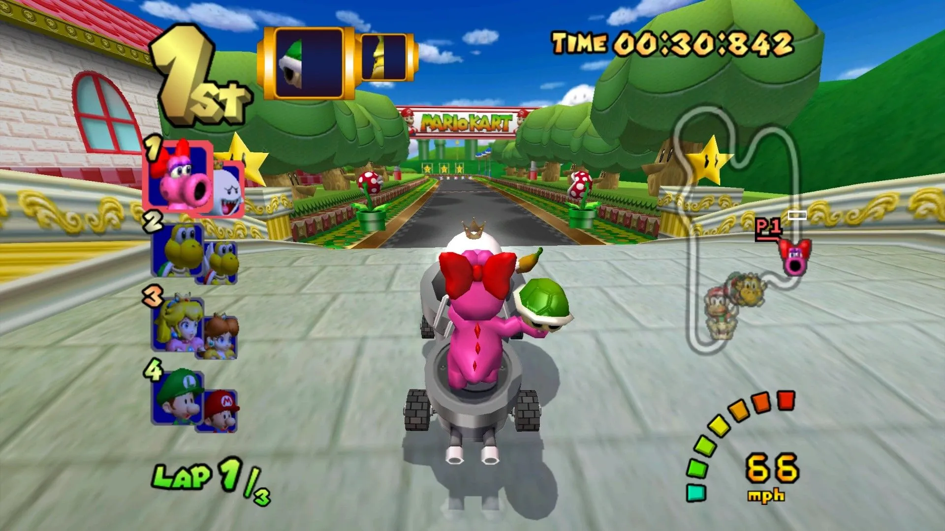 Birdo và Boo dẫn đầu cuộc đua trong Mario Kart: Double Dash!! với phong cách độc đáo hai nhân vật.