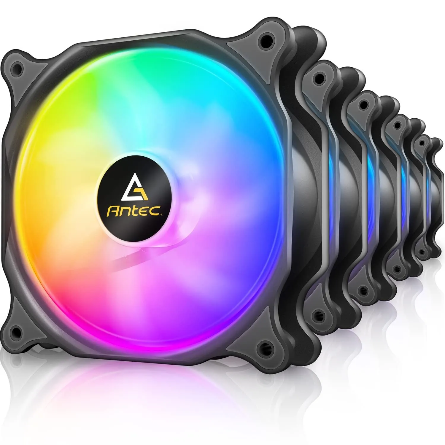 Bộ 5 quạt tản nhiệt Antec 120mm RGB cho thùng máy tính, với hiệu ứng đèn LED màu sắc, giúp tăng cường luồng không khí và cải thiện khả năng làm mát cho các linh kiện bên trong PC.