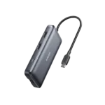 Bộ chia USB-C Anker 553 (8-trong-1) màu xám bạc, hiển thị các cổng kết nối đa dạng như USB-A, HDMI, Ethernet và khe cắm thẻ nhớ, giúp mở rộng khả năng kết nối cho laptop và các thiết bị di động.