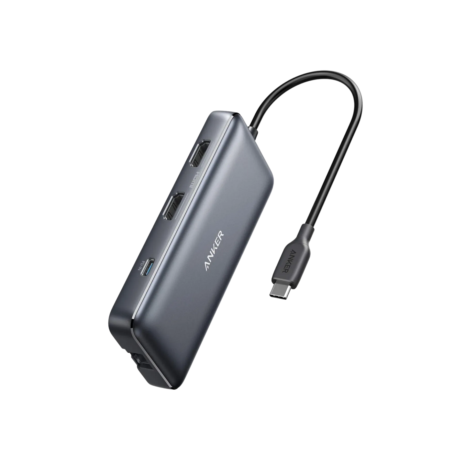 Bộ chia USB-C Anker 553 (8-trong-1) màu xám bạc, hiển thị các cổng kết nối đa dạng như USB-A, HDMI, Ethernet và khe cắm thẻ nhớ, giúp mở rộng khả năng kết nối cho laptop và các thiết bị di động.