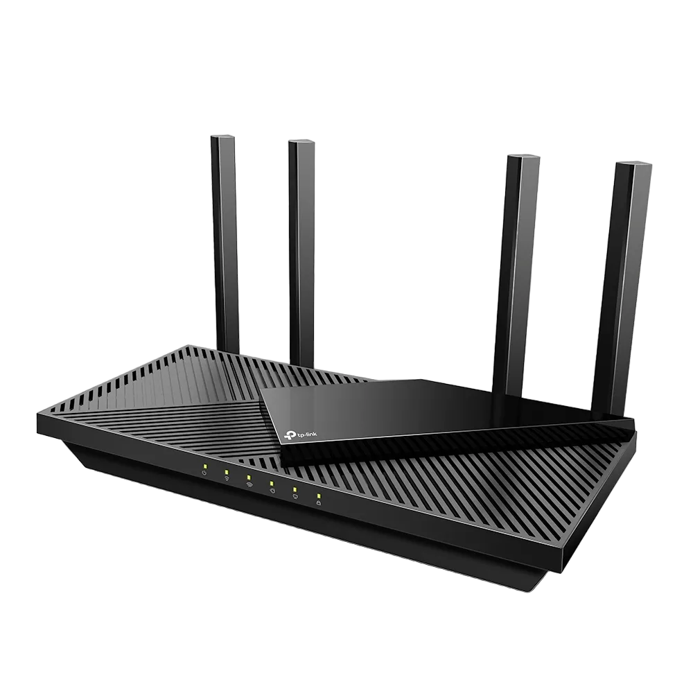 Bộ định tuyến WiFi 6 TP-Link Archer AX21 màu đen, với bốn ăng-ten, mang lại tốc độ internet nhanh và phủ sóng rộng cho gia đình.