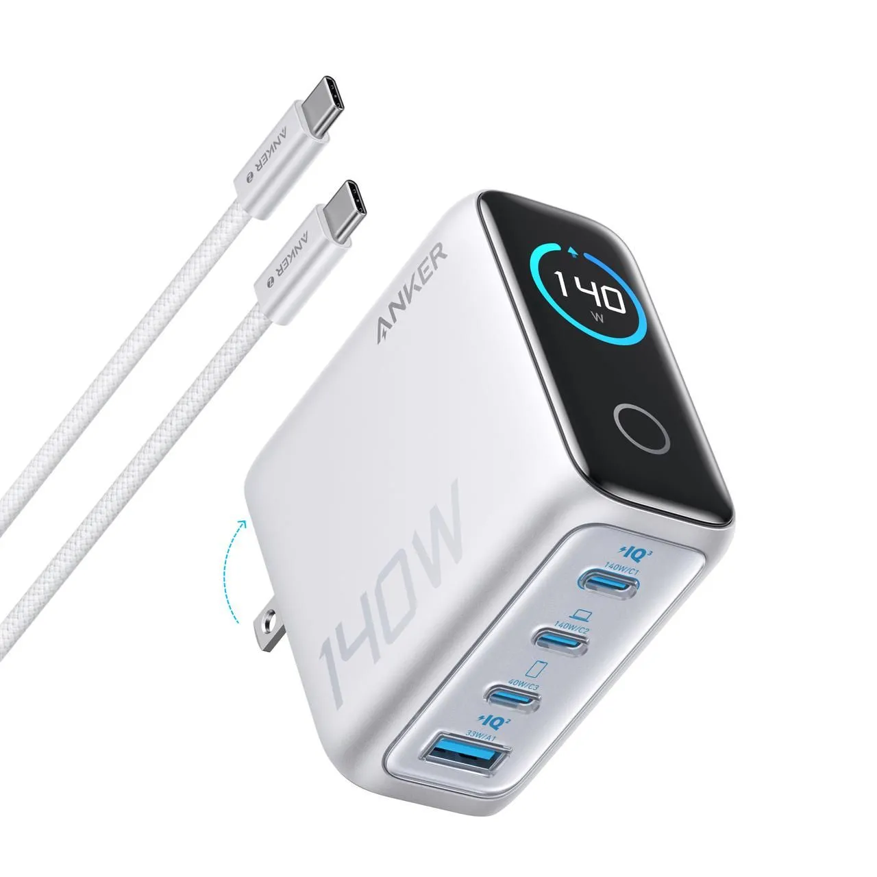 Bộ sạc Anker 140W màu bạc với màn hình hiển thị thông minh, tối ưu cho việc sạc đa thiết bị và theo dõi trạng thái sạc.