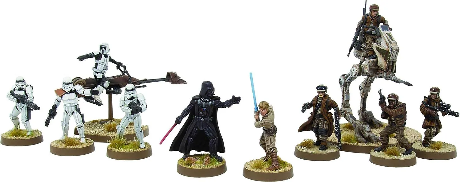 Bộ sưu tập các mô hình Star Wars: Legion chi tiết, bao gồm quân lính bộ binh, phương tiện và các nhân vật anh hùng của Đế Chế và phe Nổi Dậy, sẵn sàng cho những trận chiến mặt đất hoành tráng trong vũ trụ Star Wars.