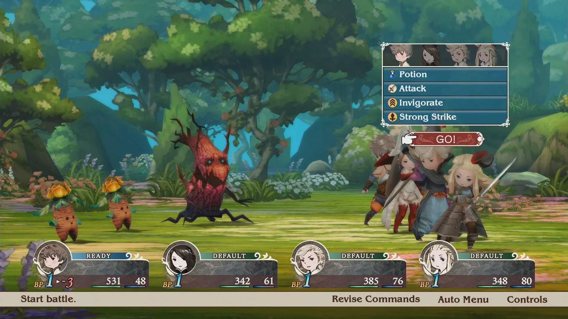 Bốn anh hùng trong Bravely Default Flying Fairy HD Remaster đang chiến đấu, thể hiện lối chơi RPG cổ điển với hệ thống chiến đấu độc đáo.