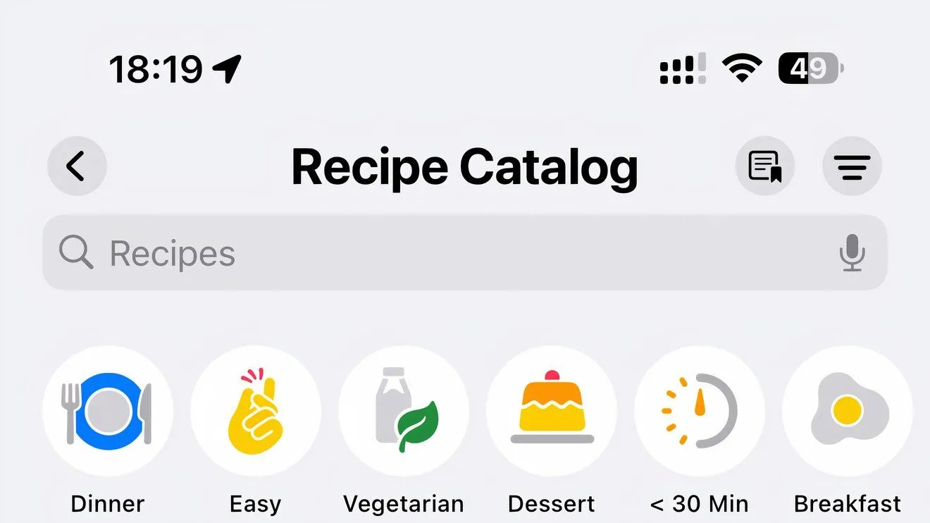 Các biểu tượng danh mục món ăn đa dạng trong Apple News+ Food, giúp người dùng dễ dàng tìm kiếm công thức theo bữa ăn hoặc loại hình ẩm thực
