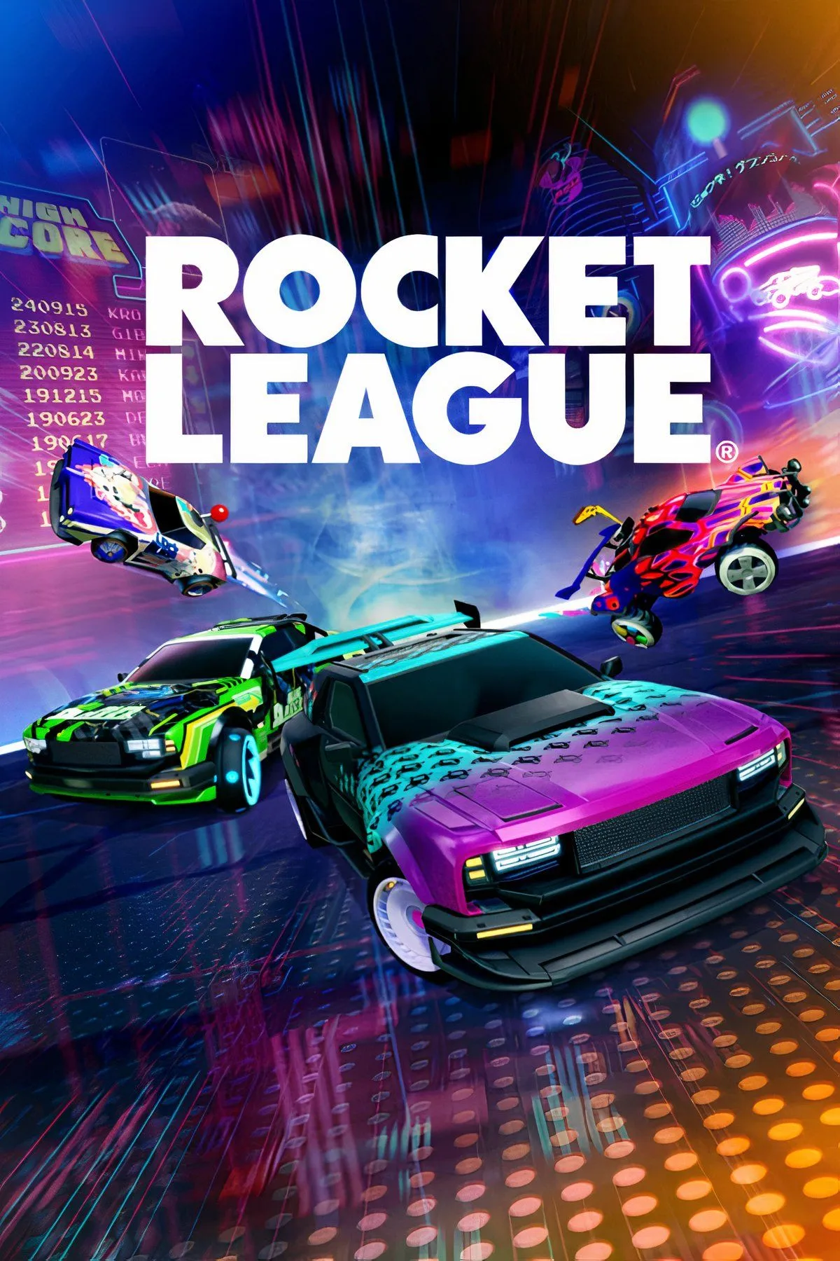 Các chiếc xe đang bay lên không trung để đánh bóng vào khung thành trong Rocket League, thể hiện lối chơi bóng đá ô tô độc đáo.