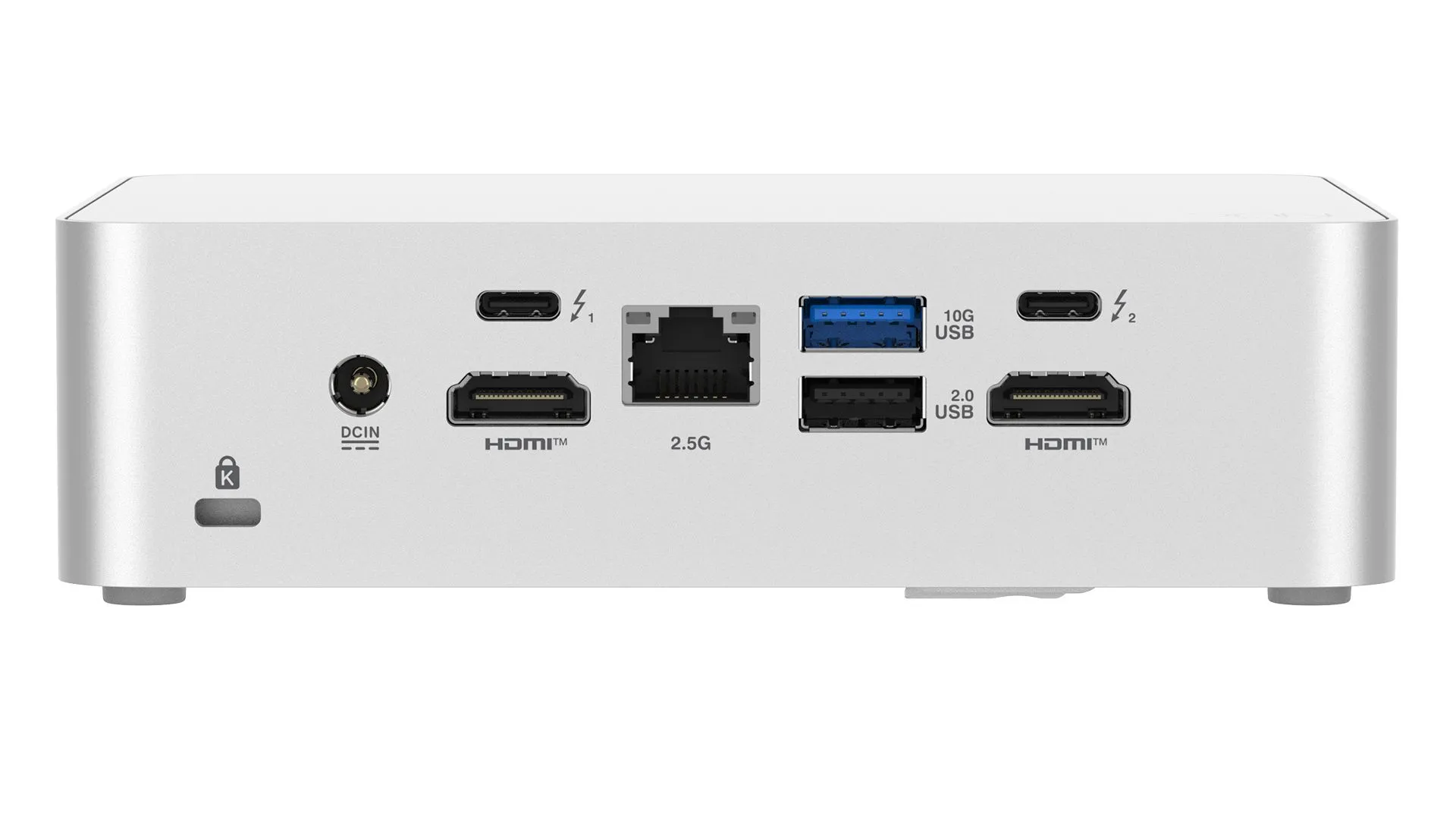 Các cổng kết nối phía sau của máy tính mini ASUS NUC 15 Pro+ bao gồm HDMI, Thunderbolt 4, USB và cổng Ethernet 2.5Gbps.