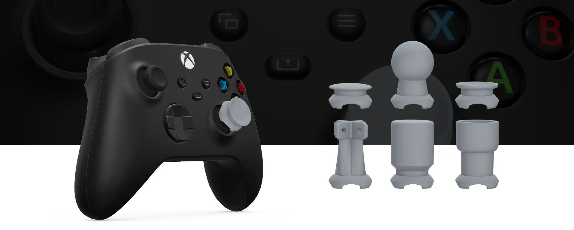Các loại núm điều khiển (toppers) tùy chỉnh cho Xbox Adaptive Joystick, được thiết kế 3D để phù hợp nhiều nhu cầu.