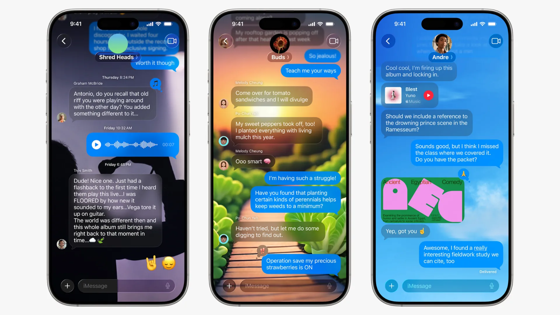 Các mẫu hình nền tùy chỉnh đa dạng trong ứng dụng Tin nhắn Apple, cho phép người dùng cá nhân hóa giao diện trò chuyện trên iOS 26.
