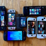 Các mẫu máy chơi game cầm tay PC phổ biến xếp hàng trên sàn nhà, bao gồm Lenovo Legion Go, AYANEO 2021 Pro, Valve Steam Deck, GPD Win3, Logitech G Cloud, Asus ROG Ally và OneXPlayer 1.