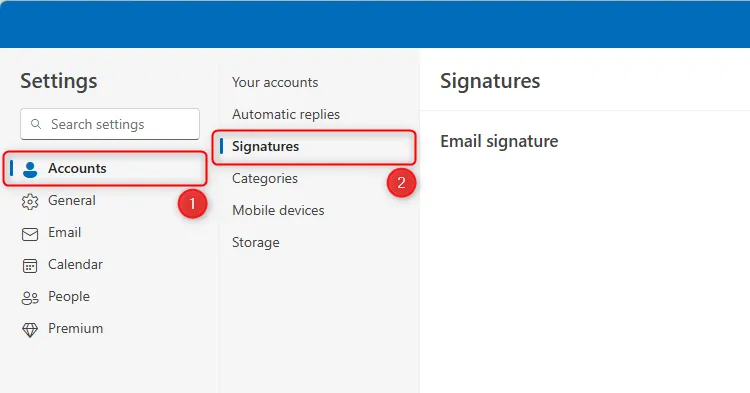 Các menu Tài khoản và Chữ ký trong cửa sổ cài đặt của Outlook mới, nơi người dùng quản lý chữ ký thư.