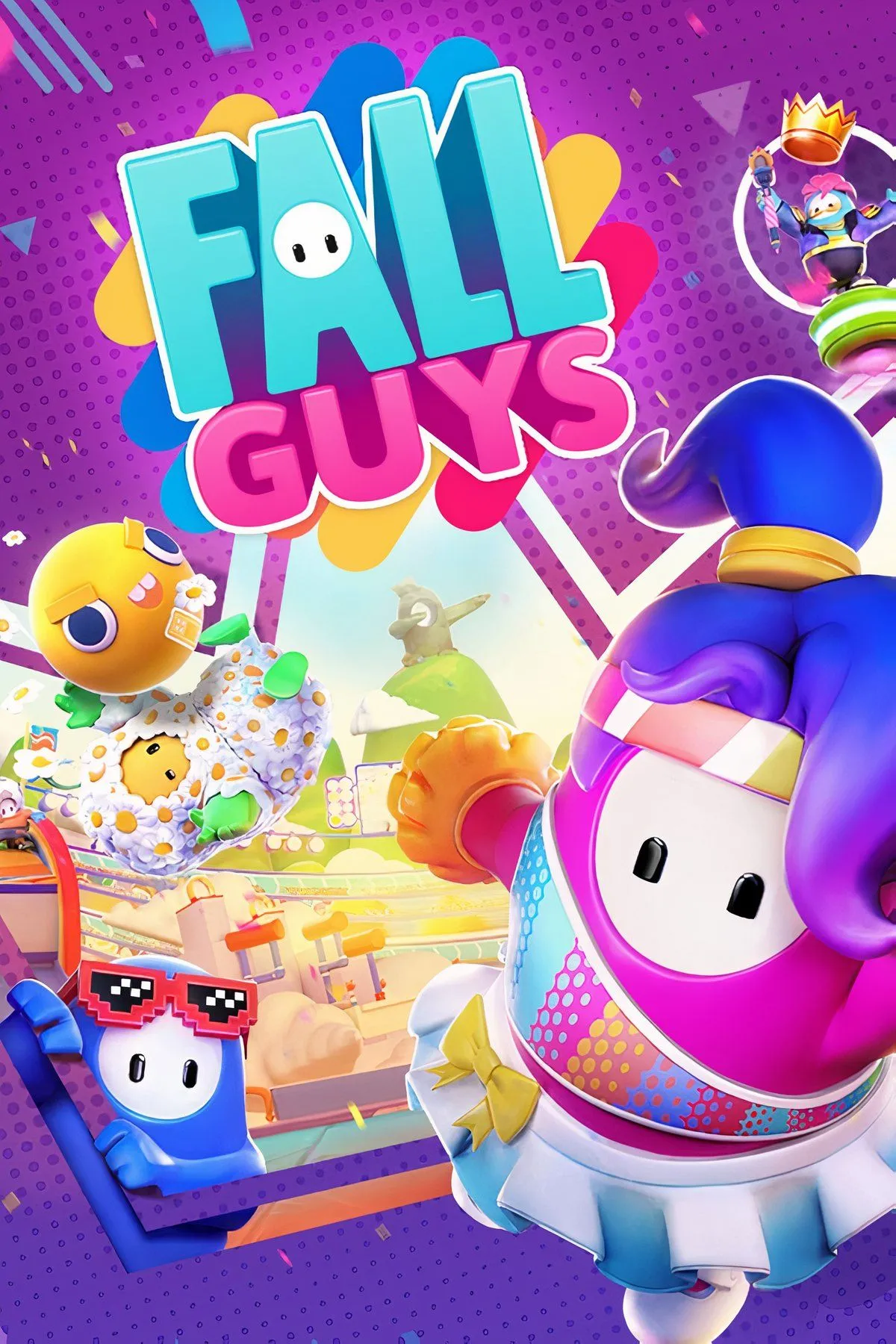 Các nhân vật Bean đầy màu sắc đang vượt qua chướng ngại vật trong Fall Guys, thể hiện sự hỗn loạn và vui nhộn của game.