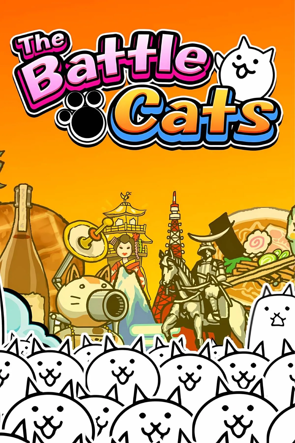 Các nhân vật mèo ngộ nghĩnh đặc trưng của The Battle Cats trên màn hình chiến đấu, thể hiện phong cách đồ họa đơn giản và lối chơi phòng thủ tháp độc đáo.