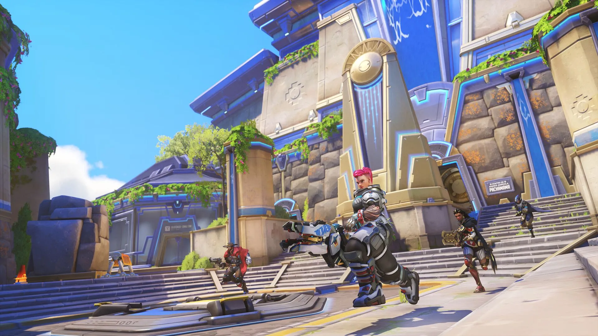 Các nhân vật Overwatch 2 tập trung trước một công trình nguy nga, minh họa cho lối chơi đồng đội và khả năng mở rộng sang game MOBA di động.