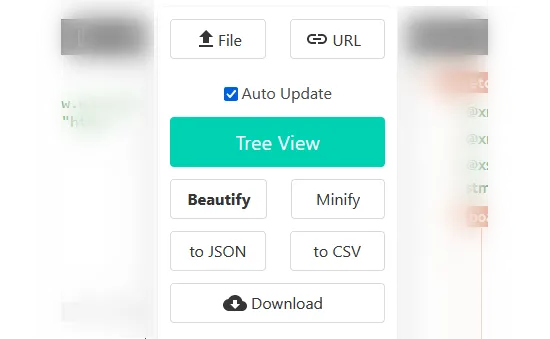 Các nút tùy chọn trong trình chỉnh sửa XML trực tuyến như &quot;File&quot; để tải lên tệp hoặc &quot;URL&quot; để lấy từ nguồn mạng.