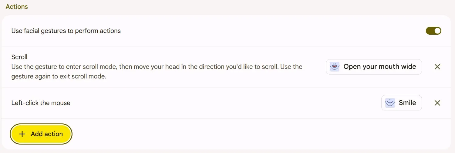 Các tùy chọn cài đặt hành động cử chỉ khuôn mặt trong Face Control trên Chromebook.